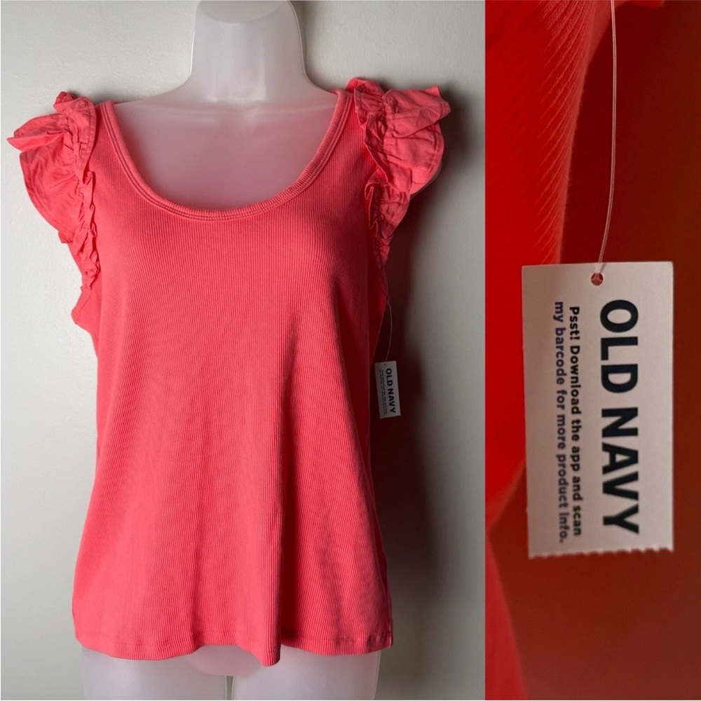 NEW Old Navy Top Size Large Short Ruffle Cap Sleeves Ribbed Coral Stretch Cotton